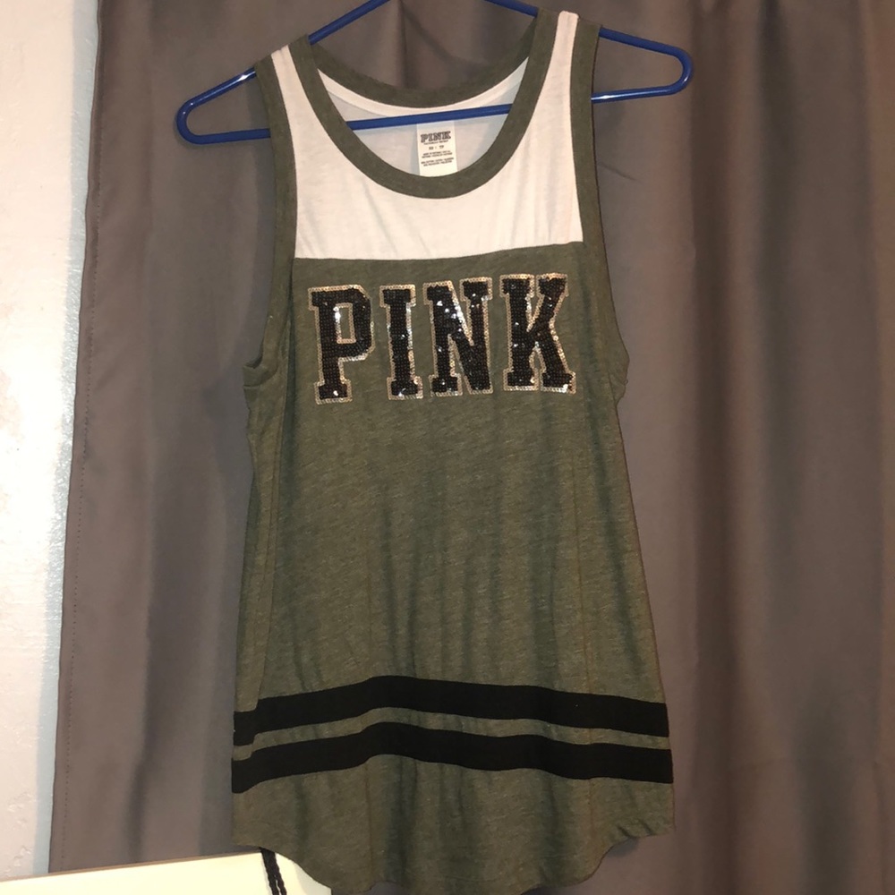 VS PINK army green white and black muscle tee